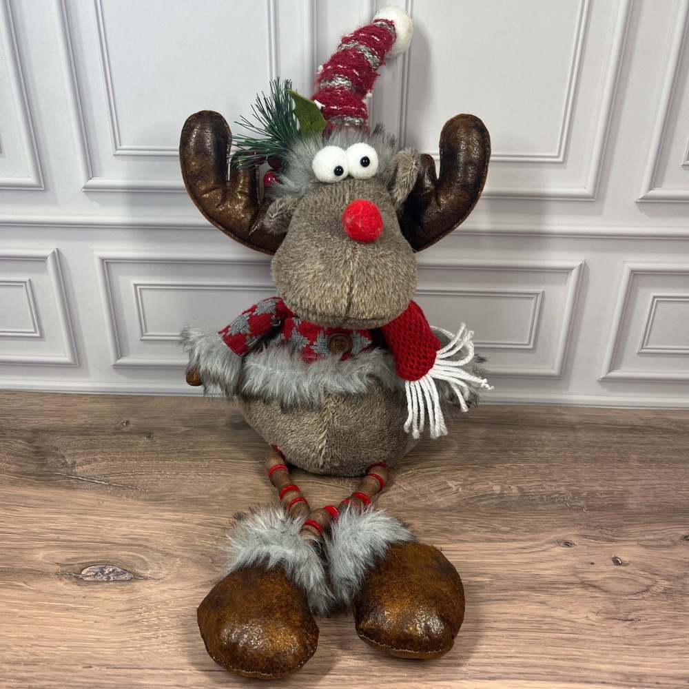 Homerbest Plush Moose Holiday 21 in Figurine Brown Red Rustic Dangle Leg